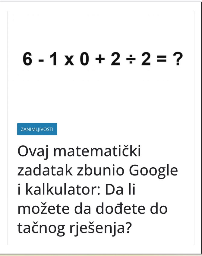 Ovaj matematički zadatak zbunio Google i kalkulator: Da li možete da dođete do tačnog rješenja?