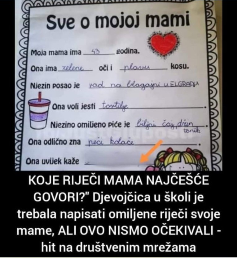 “KOJE RIJEČI MAMA NAJČEŠĆE GOVORI?” Djevojčica u školi je trebala napisati omiljene riječi svoje mame, ALI OVO NISMO OČEKIVALI – hit na društvenim mrežama