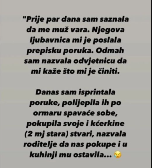 “Prije par dana sam saznala da me muž vara, dobila sam prepiske..”