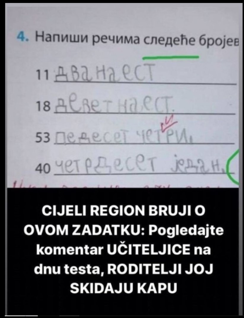 CIJELI REGION BRUJI O OVOM ZADATKU: Pogledajte komentar UČITELJICE na dnu testa, RODITELJI JOJ SKIDAJU KAPU