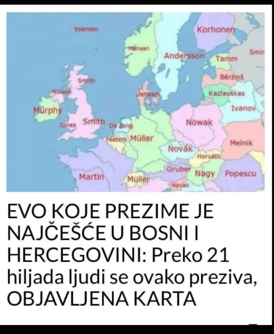 EVO KOJE PREZIME JE NAJČEŠĆE U BOSNI I HERCEGOVINI: Preko 21 hiljada ljudi se ovako preziva, OBJAVLJENA KARTA