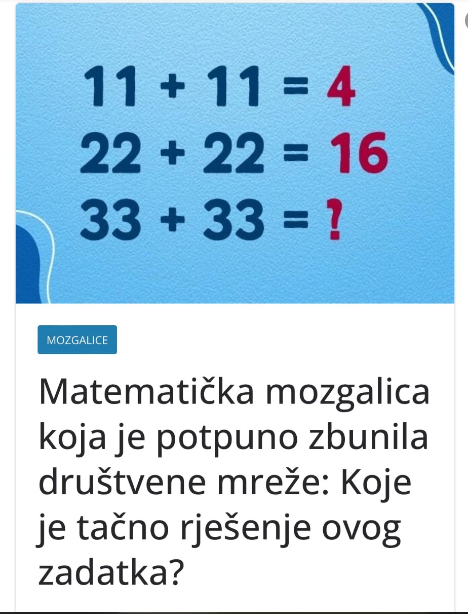 Matematička mozgalica koja je potpuno zbunila društvene mreže: Koje je tačno rješenje ovog zadatka?