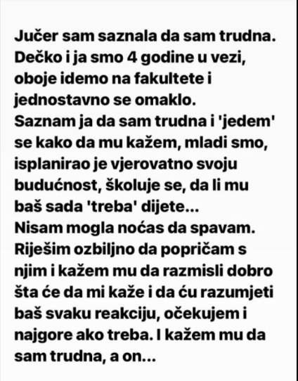 SAZNALA SAM DA SAM TRUDNA: Kad sam rekla dečku, oblio ga znoj – A ONDA URADIO OVO!