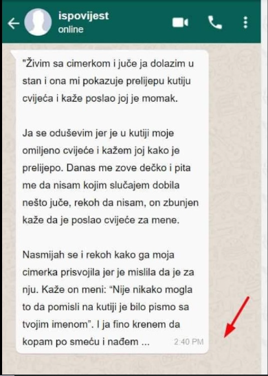 “Živim sa cimerkom i juče ja dolazim u stan i ona mi pokazuje prelijepu kutiju cvijeća”