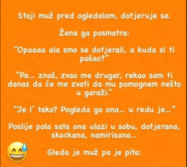 Stoji muž pred ogledalom, dotjeruje se…