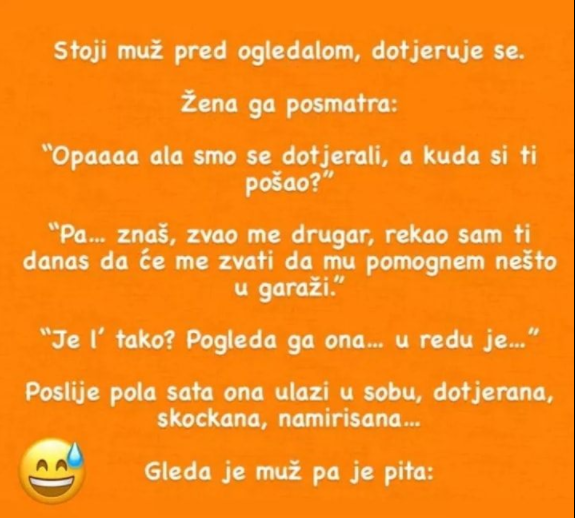 Stoji muž pred ogledalom, dotjeruje se…