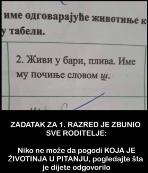 ZADATAK ZA 1. RAZRED JE ZBUNIO SVE RODITELJE: Niko ne može da pogodi KOJA JE ŽIVOTINJA U PITANJU, pogledajte šta je dijete odgovorilo