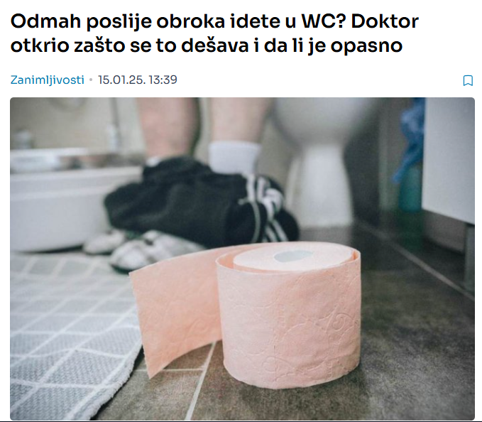 Odmah poslije obroka idete u WC? Doktor otkrio zašto se to dešava i da li je opasno