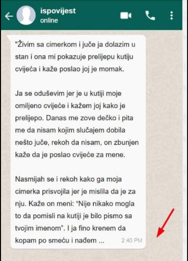 “Živim sa cimerkom i juče ja dolazim u stan i ona mi pokazuje prelijepu kutiju cvijeća”