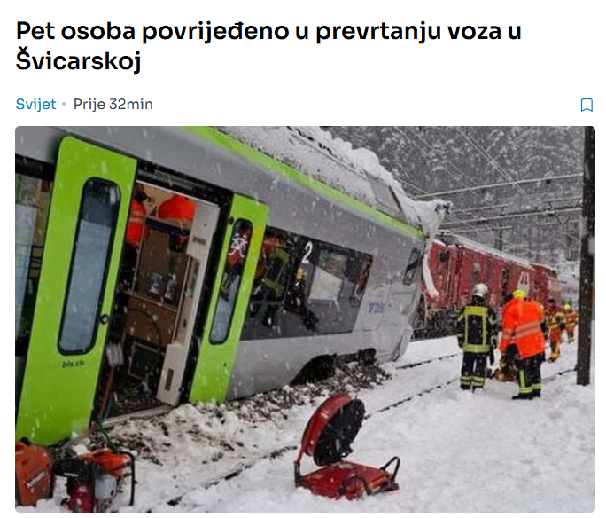Pet osoba povrijeđeno u prevrtanju voza u Švicarskoj