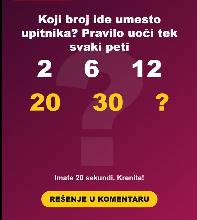 Koji broj ide umesto upitnika: 2, 6, 12, 20, 30, ? Mozgalica koju reši samo onaj ko uoči pravilo