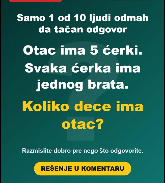 Samo 1 od 10 ljudi odmah da tačan odgovor: Otac ima 5 ćerki, a svaka ćerka ima jednog brata. Koliko dece ima otac?