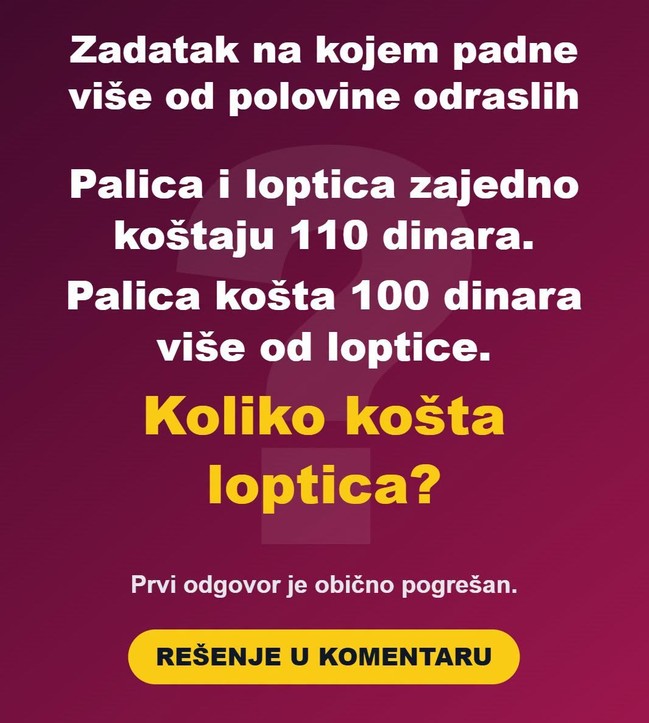 Zadatak na kojem padne više od polovine odraslih: Palica i loptica koštaju 110 dinara, palica je 100 dinara skuplja. Koliko košta loptica?