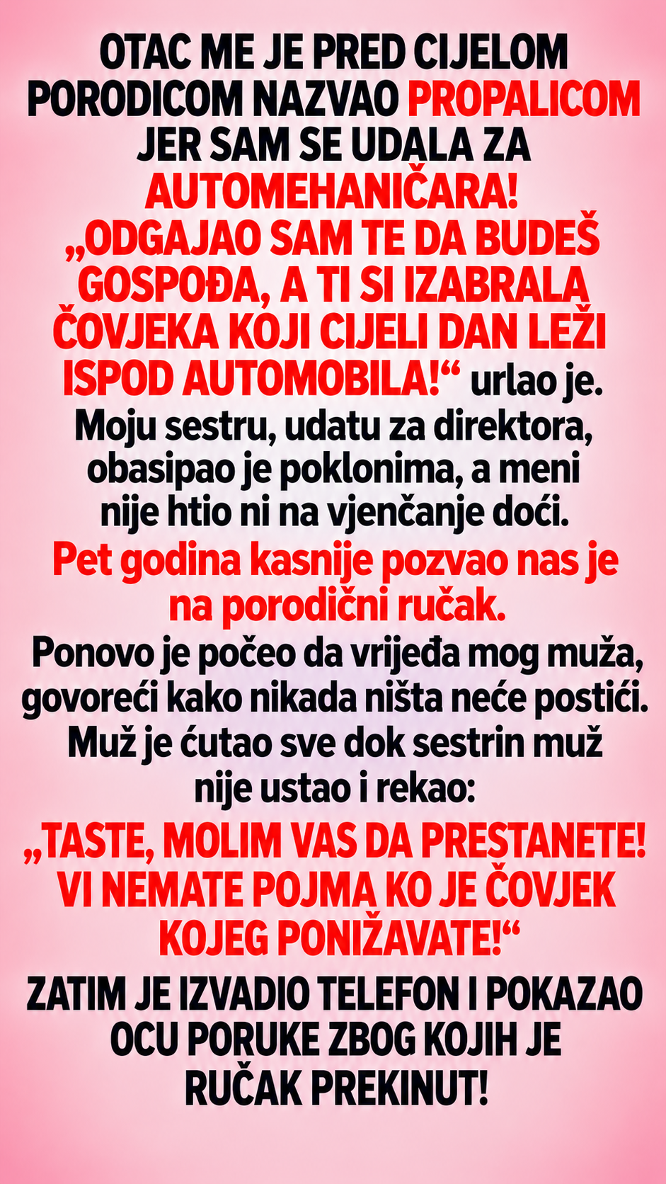 Otac je godinama ponižavao mog muža jer je automehaničar, a onda je na porodičnom ručku otkrivena tajna koja nas je sve ostavila bez riječi!